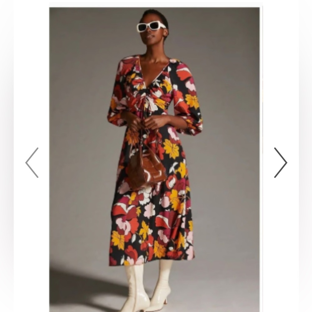 Anthropologie Maeve deep V ruched Maxi Dress - Black, Orange, Pink